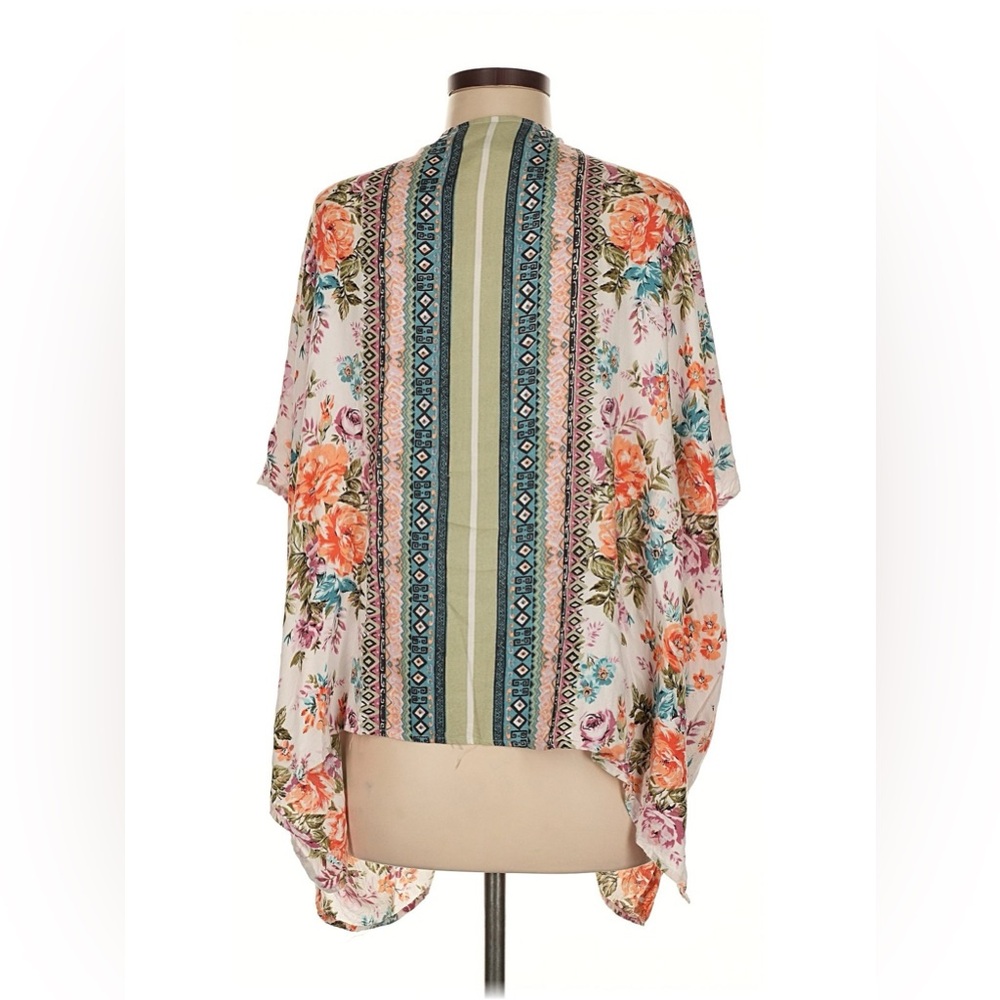 Angie Floral Kimono Large Blue Coral Pink Boho Beach Cover Up Resort Coastal EUC - Picture 3 of 7